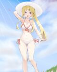  1girl armpits arms_up bikini blonde_hair breasts gabrieltenma77 hat highres large_breasts original purple_eyes sky standing stomach swimsuit thighs white_bikini 