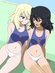  2girls andou_(girls_und_panzer) bc_freedom_military_uniform black_hair blonde_hair blue_eyes blush breasts brown_eyes closed_mouth commentary_request dated girls_und_panzer highres long_hair looking_at_another medium_breasts multiple_girls naotosi navel one_eye_closed open_mouth oshida_(girls_und_panzer) signature smile swimsuit tan tanlines yuri 