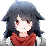  1girl ahoge animal_ears bandana_around_neck black_hair closed_mouth commentary_request copyright_request eyes_visible_through_hair highres long_hair looking_at_viewer portrait red_eyes shirt simple_background smile solo suzuki-shi swept_bangs white_background white_shirt 