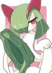  bags_under_eyes colored_skin green_hair hair_over_one_eye highres horns ino_(tellu0120) kirlia looking_at_viewer multicolored_skin pink_background pink_eyes pokemon pokemon_(creature) sidelocks simple_background smile two-tone_skin white_skin 