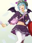  1girl 1other ;d bag bat_wings blue_hair blunt_bangs blush bright_pupils bungo_yayoi colored_eyelashes colored_inner_hair commentary crab_claw fake_horns fake_wings fang feet_out_of_frame handbag happy heaven_burns_red highres holding_hands horned_headwear horns long_sleeves looking_to_the_side miniskirt mochimugi_rice multicolored_hair navel one_eye_closed open_mouth pantyhose pink_bag pink_hair pleated_skirt purple_serafuku purple_shirt purple_skirt sailor_collar school_uniform serafuku shirt short_hair simple_background skirt smile solo_focus standing teeth tsurime upper_teeth_only white_pantyhose white_sailor_collar wings yellow_background yellow_eyes 