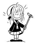  1girl beret charles_schulz_(style) chibi commentary commission english_commentary full_body fuuin_no_tsue hat high_collar holding holding_wand kinomoto_sakura looking_at_viewer monochrome peanuts_(comic) pleated_skirt richie_piacentini sailor_collar school_uniform short_hair simple_background skirt smile solo standing tomoeda_elementary_school_uniform wand white_background 
