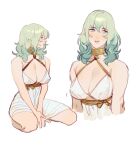  1girl absurdres aqua_hair bare_shoulders between_legs breasts byleth_(female)_(fire_emblem) byleth_(fire_emblem) cleavage commentary curly_hair dress english_commentary eva_smith eyeliner fire_emblem fire_emblem:_three_houses hand_between_legs highres looking_to_the_side makeup multiple_views open_mouth simple_background sitting teeth upper_body upper_teeth_only white_background white_dress 