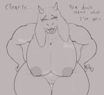 absurd_res amadchief anthro areola biped bodily_fluids bovid breasts caprine dialogue drooling female genital_fluids genitals hi_res horn looking_at_viewer mammal mature_female nipples nude pussy saliva simple_background solo text thick_thighs tongue tongue_out toriel undertale_(series) vaginal_fluids