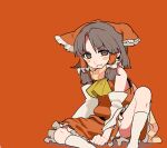  1girl :3 ascot benikurage_(cookie) blush_stickers bow brown_eyes brown_hair closed_mouth commentary_request cookie_(touhou) detached_sleeves feet_out_of_frame frilled_bow frilled_hair_tubes frilled_skirt frills hair_bow hair_tubes hakurei_reimu looking_at_viewer medium_bangs medium_hair orange_scarf red_background red_bow red_shirt red_skirt sa=tou scarf shirt sidelocks simple_background sitting skirt skirt_set sleeveless sleeveless_shirt smile socks solo striped_clothes striped_scarf touhou white_sleeves white_socks yellow_ascot 