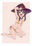  1girl absurdres arm_support arm_up armpits bare_arms barefoot bikini black_hair breasts brown_hair choker full_body hat highres holding kono_subarashii_sekai_ni_shukufuku_wo! looking_at_viewer megumin navel open_mouth pink_background red_eyes scan shiny_skin short_hair side-tie_bikini_bottom simple_background small_breasts smile solo stomach swimsuit toes wizard_hat yamamoto_shuuhei 