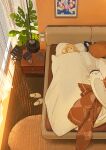  1girl bed blonde_hair commentary dappled_sunlight english_commentary highres long_hair longcat_(meme) meme morning original plant potted_plant sleeping slippers solo stuffed_animal stuffed_cat stuffed_toy sunlight tanjiu unworn_slippers window_shutter 