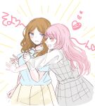  2girls asahi_rise bang_dream! bang_dream!_it&#039;s_mygo!!!!! blue_eyes blue_shirt blush breasts brown_hair character_name chihaya_anon closed_eyes commentary dress fang grey_dress highres hug jewelry long_hair long_sleeves medium_breasts multiple_girls nagasaki_soyo necklace open_mouth pinafore_dress pink_hair pleated_skirt puffy_short_sleeves puffy_sleeves shirt short_sleeves sidelocks skirt sleeveless sleeveless_dress sweatdrop white_shirt yellow_skirt yuri 