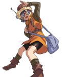  1girl bag bike_shorts black_shorts blue_eyes blunt_bangs blunt_ends boots breasts brown_footwear chrono_trigger foot_out_of_frame full_body glasses grey_shirt grey_socks headset helmet hosodayo long_sleeves looking_to_the_side lucca_ashtear neckerchief open_mouth orange_neckerchief orange_tunic purple_hair shirt short_hair shorts shoulder_bag small_breasts smile socks solo twitter_username waving white_background 