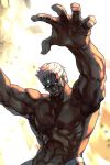  1boy abs biceps blue_eyes chest curly_hair dark_skin dark_skinned_male forehead_jewel grin hankuri male_focus male_swimwear manly muscle outstretched_arms shirtless sideburns simple_background smile solo street_fighter street_fighter_iii_(series) swimwear thong upper_body urien white_hair 