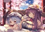  2girls :3 absurdres arm_rest armlet bat_wings blue_bow blue_hair blue_ribbon blue_sky bow bowtie bracelet breasts cherry_blossoms cleavage closed_mouth cloud commentary_request crescent crescent_hat_ornament cup dress falling_petals hair_bow hat hat_ornament hat_ribbon highres holding holding_cup jewelry large_breasts light_blue_hair light_blush long_hair mob_cap multiple_girls neckerchief patchouli_knowledge petals plate purple_dress purple_eyes purple_hair red_bow red_bowtie red_eyes red_neckerchief red_ribbon remilia_scarlet ribbon robe short_hair short_sleeves sitting sky smile striped_clothes striped_dress table teacup touhou tree upper_body vertical-striped_clothes vertical-striped_dress wide_sleeves wings woruta_(soloistlist) 
