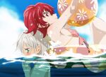  1boy 1girl aqua_eyes ball beachball bikini blue_sky blush breasts carrying closed_mouth cloud day fumiko_(mesushi) grey_hair grin hair_between_eyes holding iria_animi ocean outdoors red_eyes red_hair ruca_milda short_hair sky small_breasts smile swimsuit tales_of_(series) tales_of_innocence very_short_hair water wet 