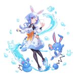  1girl absurdres animal_ear_fluff animal_ears apron ara_ara azumarill azurill black_pantyhose blue_hair blush bow braid braided_ponytail breasts carrot closed_mouth english_text highres holding holding_poke_ball hololive long_hair looking_at_viewer mature_female multicolored_hair one_eye_closed orange_bow pantyhose pekomama poke_ball pokemon pokemon_(creature) rabbit_ears rabbit_girl red_eyes rhymewithray short_eyebrows simple_background smile solo speech_bubble tail thick_eyebrows virtual_youtuber water white_apron white_hair 