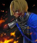  1boy armor blonde_hair blood blood_on_face blood_on_hands blue_cape blue_eyes cape closed_mouth dated dimitri_alexandre_blaiddyd embers fire fire_emblem fire_emblem:_three_houses fon-due_(fonfon) from_side garreg_mach_monastery_uniform gauntlets looking_ahead male_focus signature solo upper_body wiping_blood 