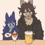 2024 alcohol anthro beer beer_mug beverage blue_body blue_clothing blue_ears blue_eyebrows blue_face blue_fur blue_hoodie blue_topwear brown_clothing brown_eyebrows brown_hair brown_hoodie brown_topwear canid canine canis clothing dessert digital_media_(artwork) domestic_dog duo ear_piercing eyebrows female food frown fur gorio_(goolahan) hair hoodie larger_male larger_male_smaller_female long_ears long_hair male male/female mammal mini_(puppy_in_space) mouth_closed multicolored_body multicolored_face multicolored_fur piercing puppy_in_space simple_background size_difference smaller_female tan_background text text_on_clothing text_on_hoodie text_on_topwear thick_eyebrows topwear