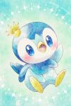 blue_eyes blush commentary_request crown full_body green_background happy highres mini_crown no_humans open_mouth piplup pokemon pokemon_(creature) remedy_matome sitting solo 
