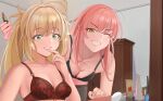  2girls absurdres ahoge artoria_caster_(fate) artoria_pendragon_(fate) bare_shoulders black_bra blonde_hair blush bra breasts cnoc_na_riabh_(fate) collarbone fate/grand_order fate_(series) green_eyes grin highres lipstick long_hair looking_at_viewer makeup medb_(fate) multiple_girls one_eye_closed pink_hair quatthro red_bra sidelocks small_breasts smile sparkle twintails underwear yellow_eyes 