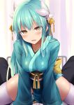  1boy 1girl blush breasts dragon_girl dragon_horns fate/grand_order fate_(series) fujimaru_ritsuka_(male) green_hair green_kimono highres horns japanese_clothes kimono kiyohime_(fate) long_hair long_sleeves looking_at_viewer medium_breasts multiple_horns obi open_mouth sash sen_(astronomy) sitting sitting_on_person smile thighhighs thighs white_thighhighs wide_sleeves yellow_eyes 