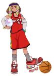  1girl absurdres alternate_costume artist_name ball bandaid bandaid_on_arm bandaid_on_leg basketball_(object) basketball_uniform blonde_hair blue_headband brown_eyes brown_hair carrying carrying_under_arm closed_mouth detached_sleeves english_commentary full_body grey_socks hand_in_pocket headband highres holding holding_ball looking_at_viewer magatama medium_hair mercuriika multicolored_hair rainbow_gradient raised_eyebrow red_footwear red_shirt red_shorts shirt shoes shorts sidelocks sleeveless sleeveless_shirt sneakers socks solo sportswear standing tamatsukuri_misumaru thick_eyebrows touhou two-tone_hair white_background white_sleeves yin_yang yin_yang_print 