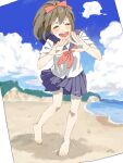  1girl :d bad_drawr_id bad_id bare_legs barefoot beach blue_sky blush bow brown_eyes brown_hair character_request cloud copyright_request day full_body hair_bow long_hair looking_at_viewer neckerchief ocean oekaki open_hands open_mouth outdoors pego_(peco_peco) pleated_skirt ponytail sand school_uniform serafuku shore skirt sky smile solo standing teeth upper_teeth_only v-shaped_eyebrows 