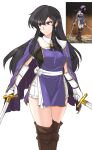  1girl absurdres ayra_(fire_emblem) belt black_eyes black_hair boots breasts cosplay dual_wielding earrings elbow_gloves fire_emblem fire_emblem:_genealogy_of_the_holy_war gloves highres holding holding_sword holding_weapon jewelry long_hair medium_breasts side_slit solo sword thigh_boots tridisart unicorn_overlord weapon 