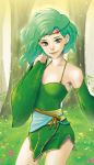  1girl breasts bridal_gauntlets closed_mouth detached_sleeves dress earrings final_fantasy final_fantasy_iv forest graphite_(medium) green_eyes green_hair hair_ornament jewelry long_hair looking_at_viewer nature older rydia smile solo traditional_media 