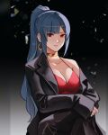  1girl asian black_jacket blue_hair breasts business_casual choker cleavage dress earrings gold_choker gold_earrings highres jacket jewelry long_hair medium_breasts notgustiarp off-shoulder_jacket off_shoulder original red_dress red_eyes 