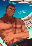  1boy abs aishuel_(crave_saga) angel angel_wings bara blue_halo crave_saga dark-skinned_male dark_skin dated halo happy_birthday large_pectorals male_focus muscular muscular_male nattukre nipples pants pectorals red_eyes scar scar_on_chest scar_on_face short_hair solo topless_male torn_clothes torn_pants very_short_hair wings 