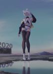  1990s_(style) 2020 amo_(silent_bomb19) animal_ears bare_shoulders black_legwear blue_eyes blue_sky boots bra_strap contrapposto full_body hand_up highres looking_at_viewer microskirt off-shoulder_jacket original outdoors pigeon-toed pink_hair pond reflection shorts skirt sky smile solo standing thighhighs white_footwear white_shorts 