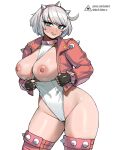  1girl artist_logo black_gloves blush breasts bright_pupils cameltoe collar collarbone commentary cowboy_shot cropped_jacket donburi_(donburikazoku) elphelt_valentine english_commentary eyebrows_hidden_by_hair fanbox_username fingerless_gloves gloves grey_hair groin guilty_gear hairband highres jacket large_breasts leotard licking_lips long_sleeves looking_at_viewer naughty_face nipples nose_blush open_clothes open_jacket patreon_username pink_hairband pink_jacket short_hair simple_background solo spiked_collar spiked_hairband spikes swept_bangs thighs tongue tongue_out white_background white_leotard white_pupils zipper 
