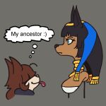 anbs-02 anthro black_hair black_nose blue_eyes breasts brown_body brown_fur brown_hair bust_portrait canid canine canis domestic_dog duo egyptian female fur hair hair_over_eyes headdress hi_res jackal mammal meme my_ancestor! portrait tagme thought_bubble tongue tongue_out zenonzard