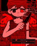  1boy absurdres black_eyes closed_mouth expressionless highres holding holding_knife knife looking_at_viewer omori omori_(omori) red_eyes red_theme short_hair solo spoilers translation_request uminosoko44 