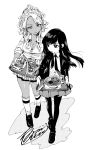  2girls black_eyes blazer breasts cleavage commentary_request cup dark_skin disposable_cup food food_court_de_mata_ashita greyscale gyaru highres jacket kneehighs large_breasts long_sleeves miniskirt monochrome multiple_girls nariie_shin&#039;ichirou necktie noodles pantyhose plaid plaid_skirt pleated_skirt ramen skirt sleeves_rolled_up straight_hair tray wada_(food_court) wavy_hair white_background yamamoto_(food_court) 