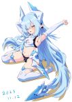  1girl armpits blue_hair breasts character_request copyright_request crop_top detached_sleeves headgear highres long_hair mechanical_tail navel one_eye_closed papiyon1297 pointy_ears simple_background sitting small_breasts solo stretching symbol-shaped_pupils tail thighhighs very_long_hair wariza white_background white_thighhighs x-shaped_pupils yawning yellow_eyes 