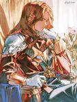  1boy armor brown_hair closed_mouth curtains ferdinand_von_aegir fire fire_emblem fire_emblem:_three_houses flower gloves gold_trim hand_on_own_face highres jacket long_hair looking_down male_focus negi_(fufufuyu) parted_bangs red_jacket shoulder_armor sitting solo twitter_username upper_body wavy_hair white_flower white_gloves 