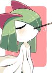  closed_eyes colored_skin food food_in_mouth green_hair hair_over_one_eye highres horns ino_(tellu0120) kirlia multicolored_skin pink_background pocky pocky_in_mouth pokemon pokemon_(creature) sidelocks simple_background sweat two-tone_skin v_arms white_skin 