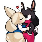 1:1 2022 aggretsuko anthro big_butt blue_clothing blue_eyes blush breasts butt canid canine clothing digital_drawing_(artwork) digital_media_(artwork) duo ears_down ekkokenight eyes_closed female fennec_fox fenneko fox heart_symbol hi_res kissing lagomorph leporid mammal mime_(ekkokenight) pink_clothing pivoted_ears rabbit raised_tail sanrio simple_background standing tail thick_thighs true_fox white_background