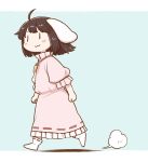  1girl :3 ahoge animal_ears blue_background blush_stickers brown_hair bunny_ears carrot_necklace chibi dress eyebrows_visible_through_hair from_side inaba_tewi pink_dress poronegi puffy_short_sleeves puffy_sleeves shoes short_hair short_sleeves simple_background smile solo touhou walking white_footwear |_| 