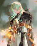  1boy black_fur byleth_(fire_emblem) byleth_(male)_(fire_emblem) cloak closed_mouth cowboy_shot enlightened_byleth_(male) fire fire_emblem fire_emblem:_three_houses fur-trimmed_cloak fur_trim green_eyes green_hair hair_between_eyes highres long_hair looking_at_viewer male_focus negi_(fufufuyu) robe solo twitter_username vambraces white_robe 