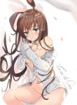  1girl amiya_(arknights) animal_ears areolae arknights bangs bare_shoulders blue_eyes blush bottomless breasts brown_hair bunny_ears commentary_request covering covering_breasts eyebrows_visible_through_hair feet_out_of_frame groin hair_between_eyes hands_up highres jewelry long_hair long_sleeves looking_at_viewer naked_shirt navel off_shoulder partial_commentary petals ring shirt signature small_breasts smile solo thighs togo_(korlsj1235) white_background white_shirt 