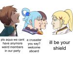  1boy 3girls aqua_(konosuba) artist_name blonde_hair blue_eyes blue_hair brown_hair cape closed_eyes commentary cropped_shoulders crying crying_asagiri_aya_(meme) darkness_(konosuba) english_commentary english_text from_side green_cape hair_ornament highres instagram_username kono_subarashii_sekai_ni_shukufuku_wo! megumin meme multiple_girls open_mouth ore_knot red_eyes reddit_username side_ponytail simple_background white_background x_hair_ornament yes_chad_(meme) 