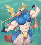  abs anthro biped bulge clothed clothing flexing hi_res legendary_pok&eacute;mon looking_at_viewer male melee_weapon muscular muscular_male navel nintendo partial_nudity pok&eacute;mon pok&eacute;mon_(species) portrait solo speedo swimwear sword sxfpantera thick_thighs three-quarter_portrait topless video_games weapon zacian 