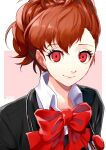  1girl andkyuryuu bow bowtie brown_hair closed_mouth commentary_request copyright_name eyelashes highres looking_at_viewer persona persona_3 persona_3_portable red_background red_bow red_bowtie red_eyes shiomi_kotone short_hair simple_background smile solo two-tone_background upper_body white_background 