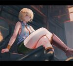  1girl blonde_hair blue_eyes boots breasts collared_shirt crossed_legs dead_by_daylight feet_out_of_frame heather_mason highres miniskirt necktie orange_necktie pencil_skirt shirt short_hair silent_hill_(series) silent_hill_3 sitting skirt sleeveless solo suzusiron sweatband 
