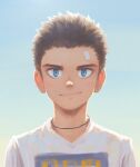  1boy bandaid bandaid_on_face bandaid_on_forehead beitemian blue_background blue_eyes brown_hair closed_mouth facing_viewer gradient_background highres jewelry light light_smile looking_at_viewer male_focus necklace original shirt short_hair solo white_shirt 
