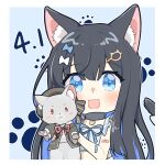 1girl alternate_costume animal animal_ears animalization bandaid bandaid_on_arm beret black_hair black_hat black_jacket blue_background blue_eyes blue_hair blush border bow cat cat_ears cat_tail cevio chinese_commentary clothed_animal collar colored_inner_hair commentary_request cropped_shirt dated frilled_shirt frills futaba_minato grey_fur hair_bow hair_ornament hairclip hat highres holding holding_animal holding_cat jacket kemonomimi_mode long_hair looking_at_viewer midriff multicolored_hair multiple_hair_bows open_mouth outline outside_border paw_print paw_print_background sayo_(voicevox) shirt sleeveless sleeveless_shirt smile solo tail upper_body voicevox white_border white_outline yu_ying_(puuarfmm0qqcw1f) 