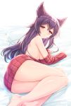  1girl animal_ears ass bangs barefoot blush breasts erune eyebrows_visible_through_hair granblue_fantasy hair_between_eyes highres large_breasts long_hair long_sleeves looking_at_viewer lying naked_sweater nier_(granblue_fantasy) off_shoulder parted_lips pillow purple_hair red_eyes red_sweater ribbed_sweater simple_background sleeves_past_wrists solo sweater tomo_(user_hes4085) white_background 