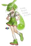  1girl full_body green_hair green_shorts hands_on_own_hips highres long_hair looking_at_viewer low_ponytail open_mouth pea_pod shorts simple_background smile solo sowanai suspender_shorts suspenders voicevox white_background yellow_eyes zundamon 