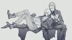  2boys book closed_mouth coat dante_(devil_may_cry) devil_may_cry_(series) devil_may_cry_3 fingerless_gloves gloves hair_slicked_back holding kei_2hellraiser male_focus multiple_boys reading siblings vergil_(devil_may_cry) 