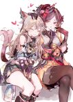  2girls :3 ^_^ absurdres animal_ears bare_shoulders black_pantyhose black_thighhighs brown_hair brown_pantyhose cat_ears cat_tail chiori_(genshin_impact) closed_eyes cocoballking commentary detached_sleeves feet_out_of_frame genshin_impact grey_kimono hair_ornament hairclip hand_up highres japanese_clothes kimono kirara_(genshin_impact) light_brown_hair long_sleeves miniskirt multiple_girls multiple_tails obi pantyhose red_sash sash short_kimono simple_background sitting skirt tail thighhighs thighhighs_over_pantyhose thighs two_tails white_background yellow_skirt 
